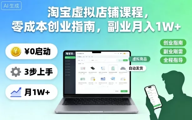 淘宝虚拟店铺课程：零成本创业副业月入1W+指南