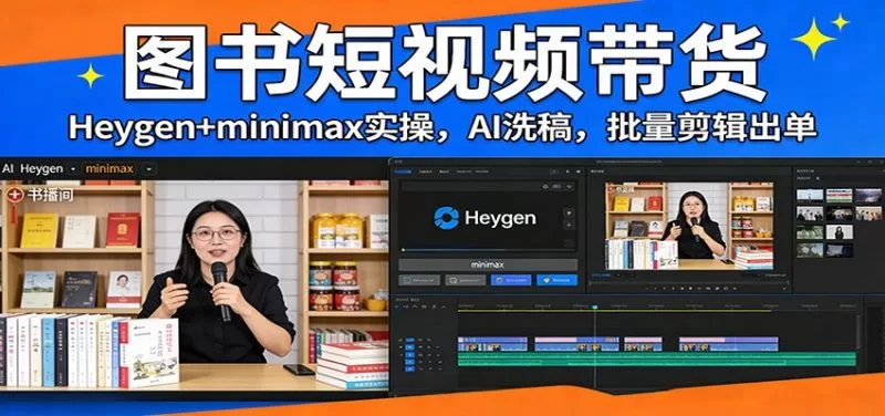 图书短视频带货实操课：Heygen+Minimax+AI洗稿批量剪辑出单